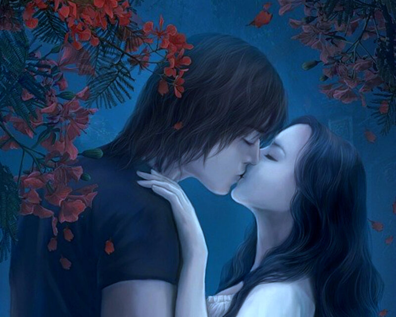 Couple Kissing under Flowers