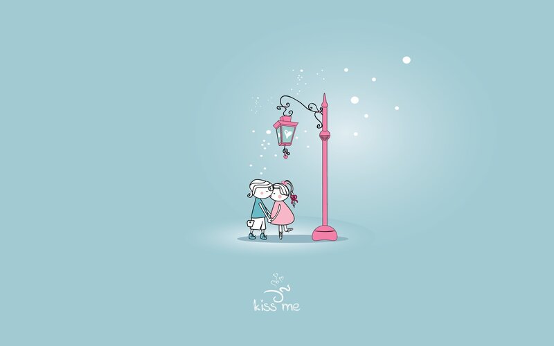 Couple Kissing under Lamp — Blue, Romantic, Night, Illustration, Lamp Post, Heart