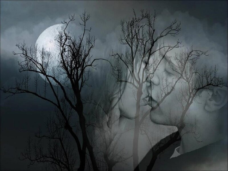 Couple Kissing under Moon — Gray
