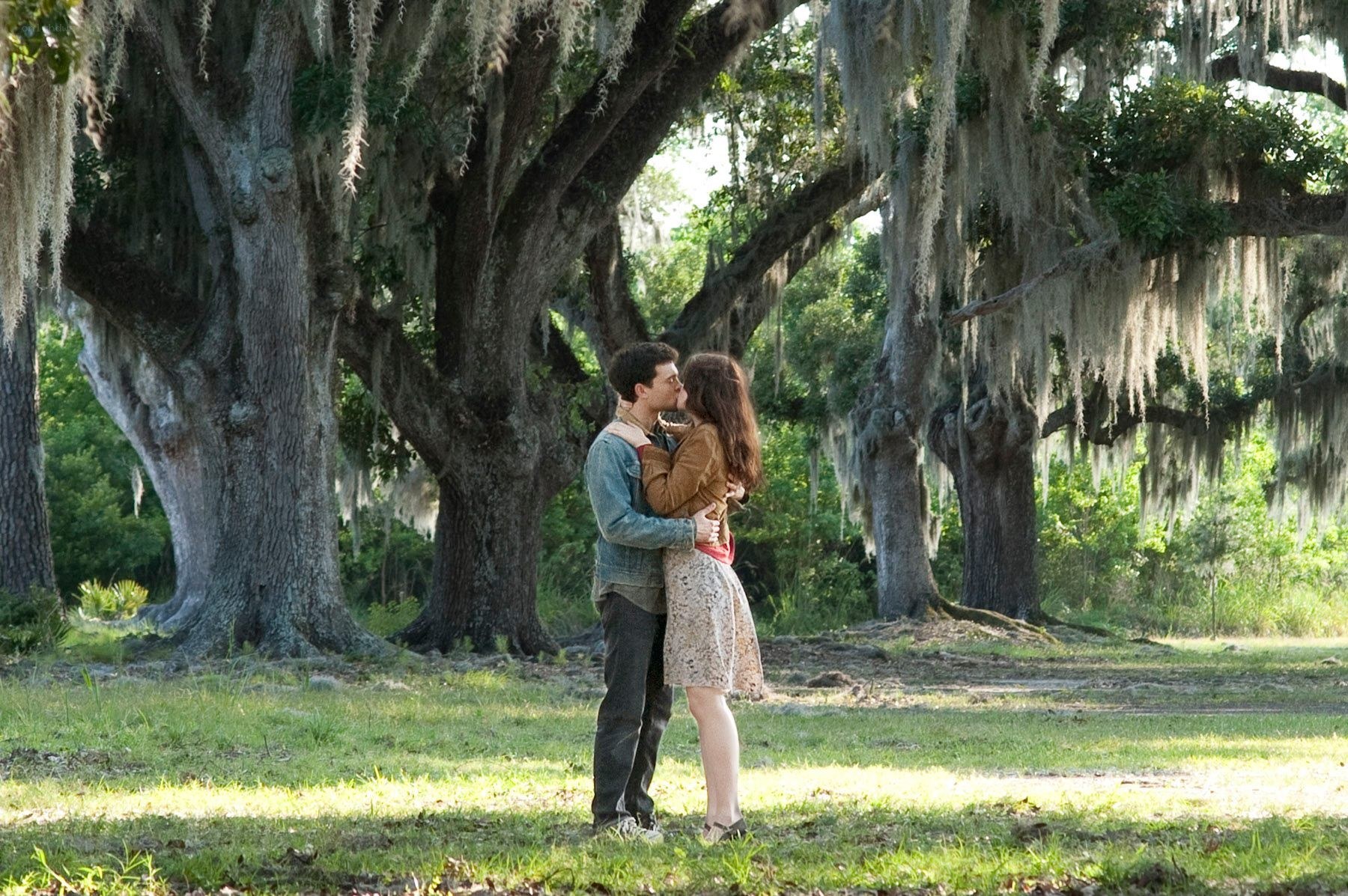 couple kissing under oak trees