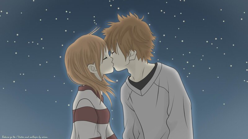 Couple Kissing under Stars — Blue, Romantic, Night, Anime, Night Sky