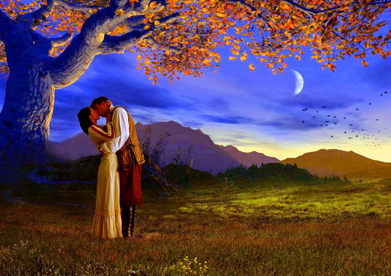 Couple Kissing under Tree — Blue
