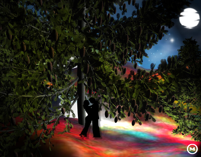 Couple Kissing under Tree — Green, Romantic