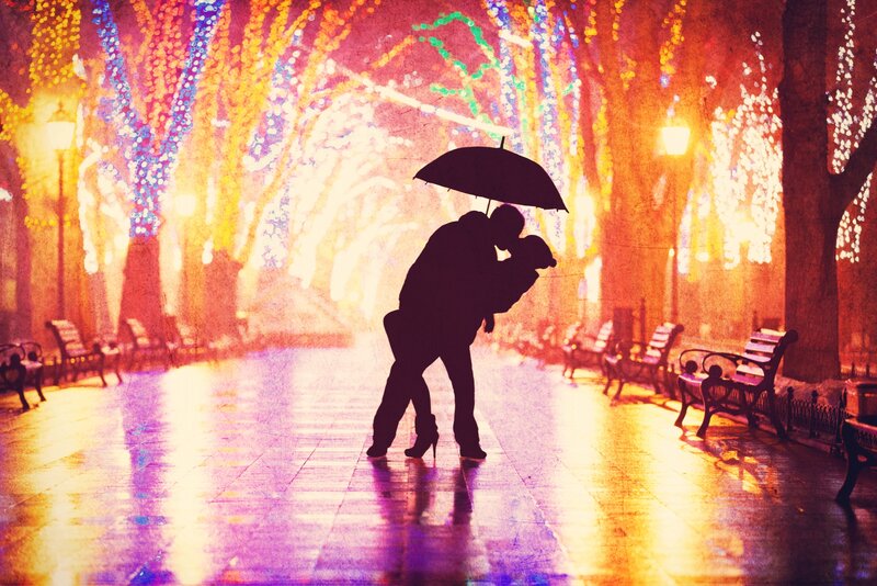 Couple Kissing under Umbrella — Purple, Romantic