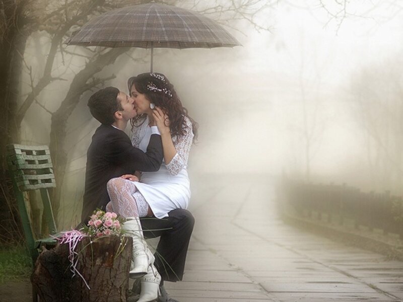 Couple Kissing under Umbrella — White, Romantic, Morning, Photograph
