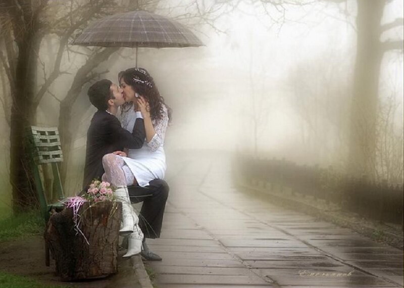 Couple Kissing under Umbrella — White, Romantic
