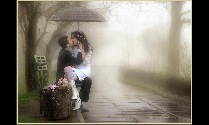 Couple Kissing under Umbrella — White