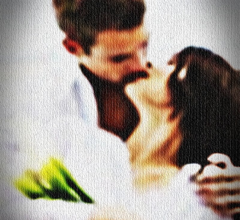 Couple Kissing — White, Romantic, Painting