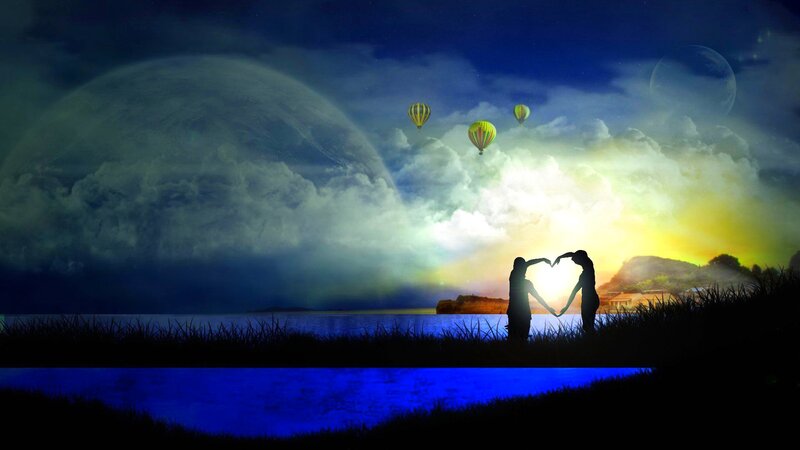 Couple Making Heart Shape — Blue, Dramatic
