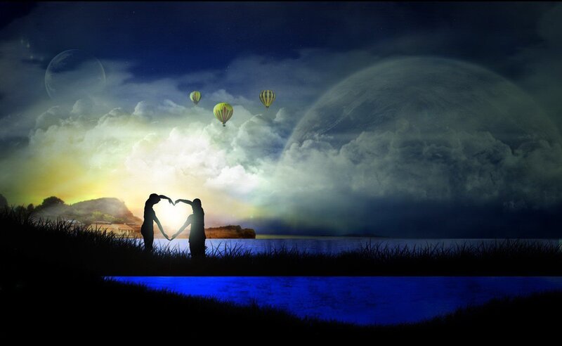 Couple Making Heart Shape — Blue, Dreamy