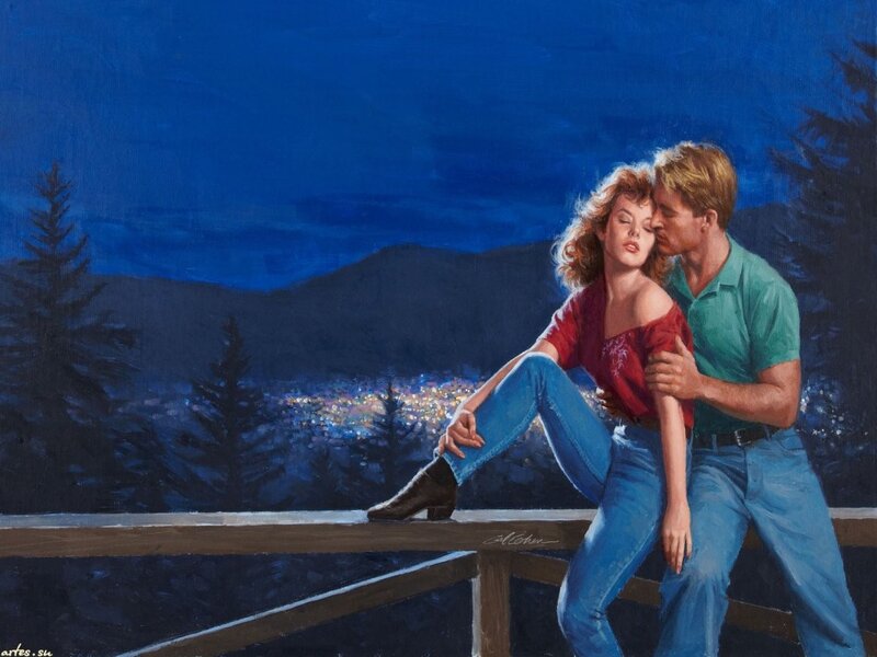 Couple on a balcony at night