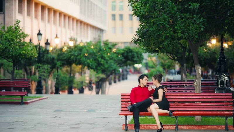 Couple on a Bench — Red, Serene