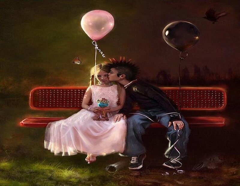 Couple on a bench with balloons