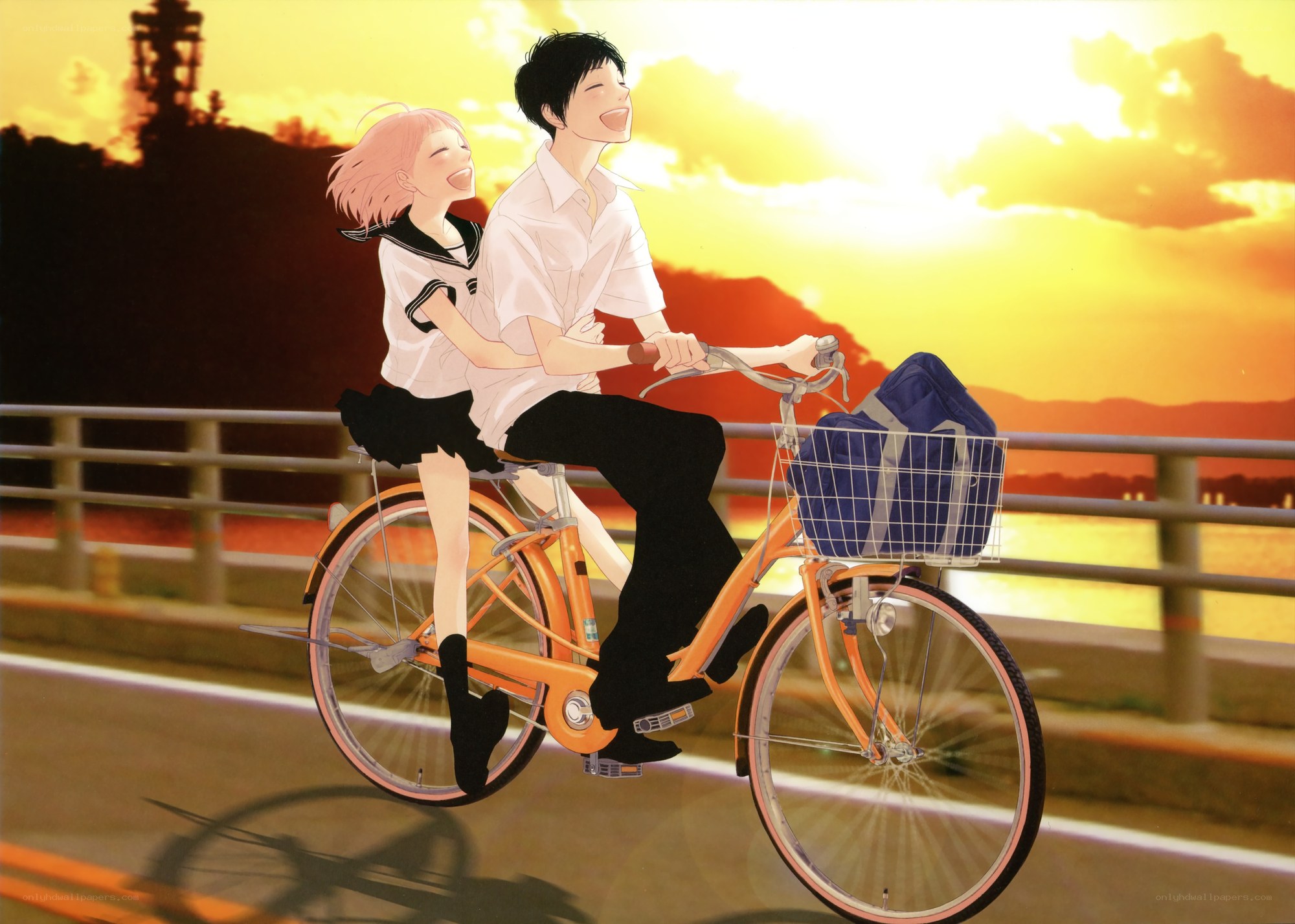 Couple on a bicycle at sunset