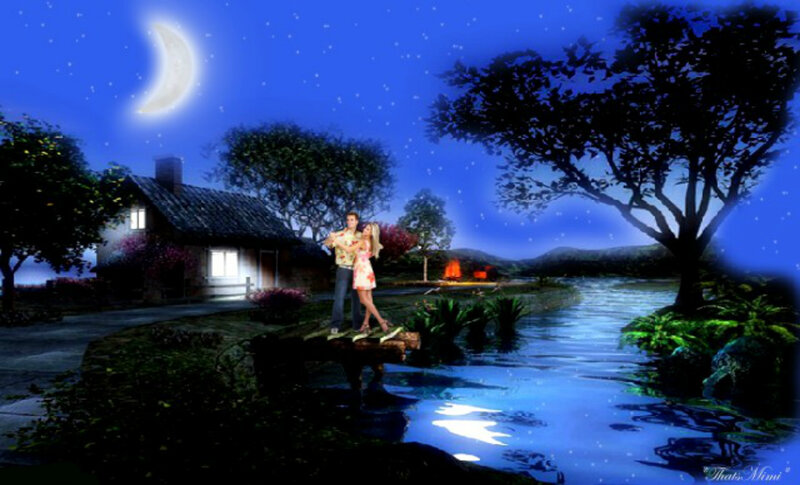 Couple on a Bridge — Blue, Serene, Night