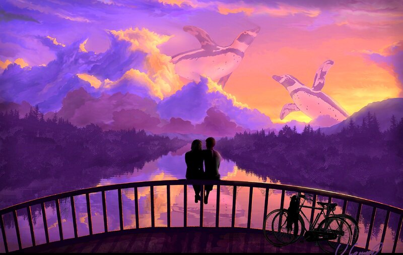 Couple on a Bridge — Purple, Dreamy