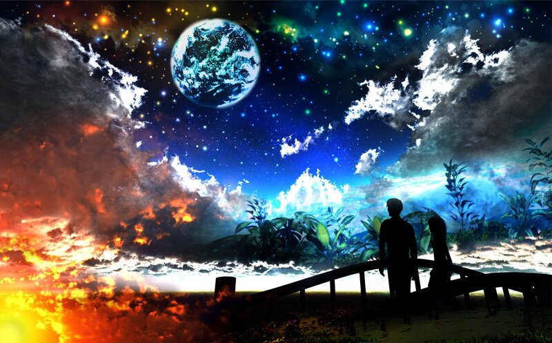 Couple on a bridge under alien sky