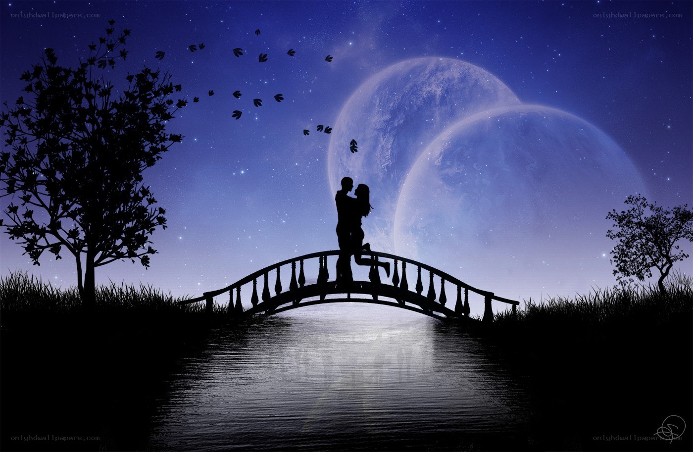 Couple on a bridge under twin moons