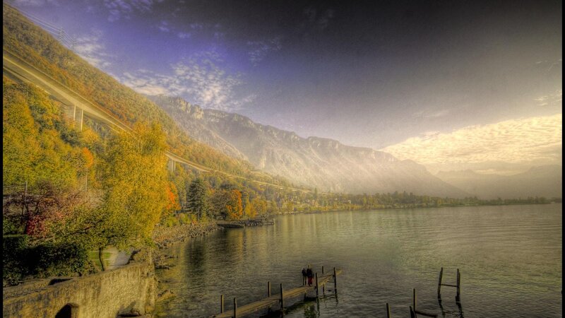 Couple on a Dock — Blue, Serene, Autumn