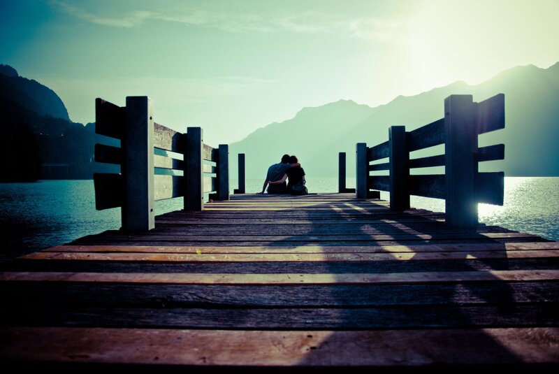 Couple on a Dock — Blue, Serene, Sunset, Photograph