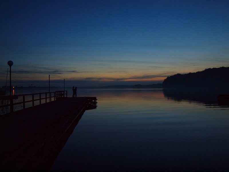 Couple on a Dock — Blue, Serene, Sunset