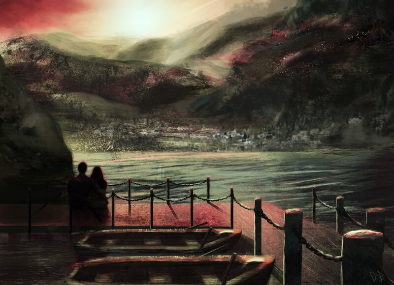 Couple on a Dock — Red, Dramatic, Sunset