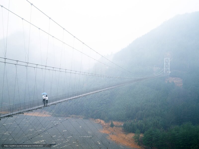 Couple on a foggy suspension bridge