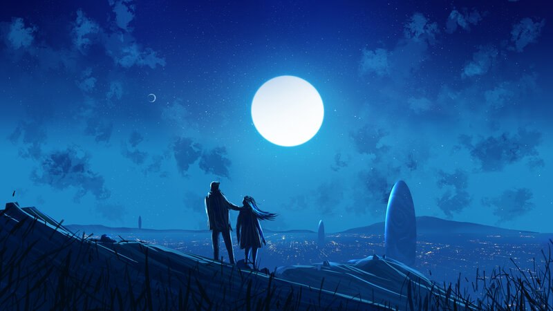 Couple on a Hill at Night — Blue
