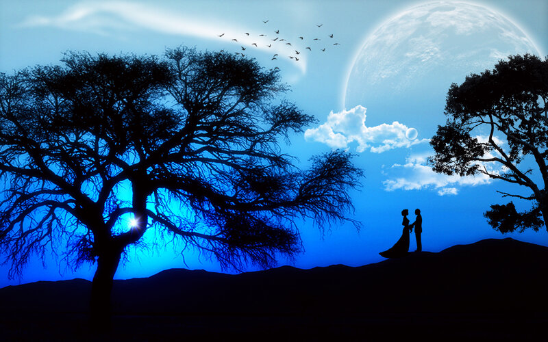Couple on a Hill — Blue, Serene, Night, Digital Art