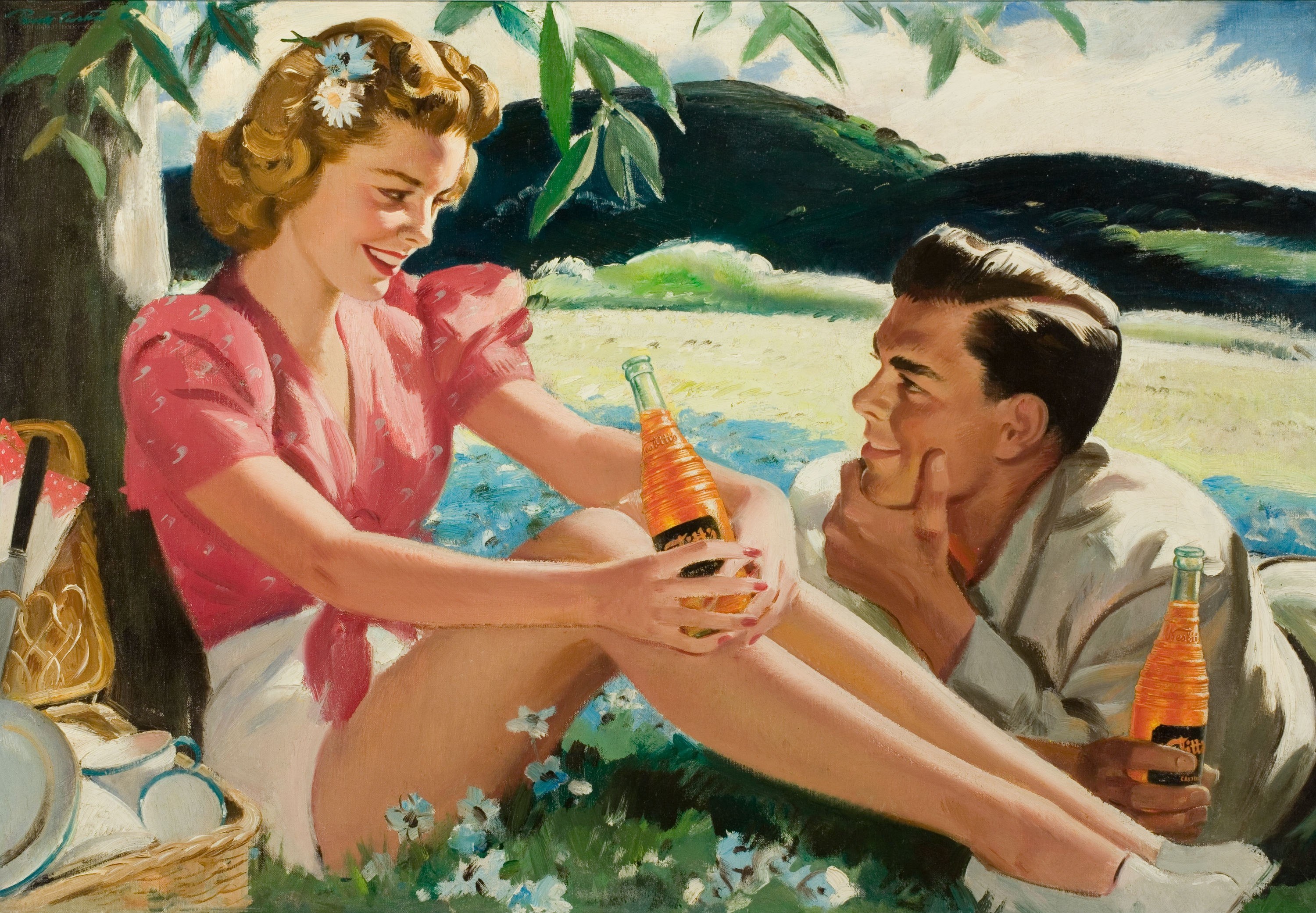 Couple on a picnic with soda