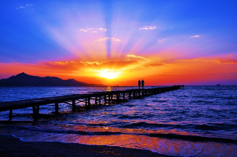 Couple on a Pier — Blue, Dramatic, Sunset, Photograph, Mountain