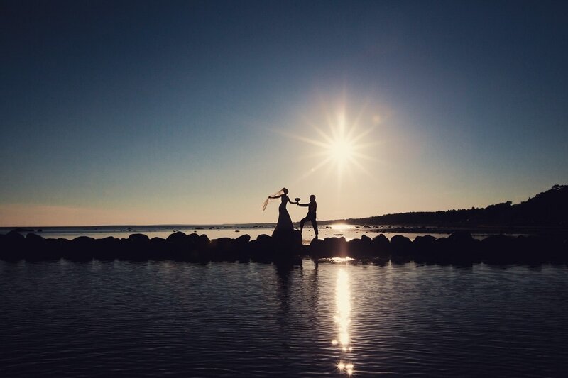 Couple on a Pier — Blue, Dramatic, Sunset, Photograph, Sun