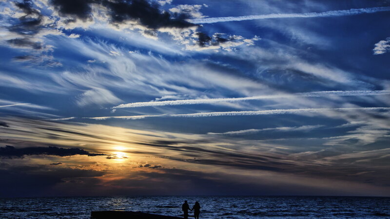 Couple on a Pier — Blue, Dramatic, Sunset