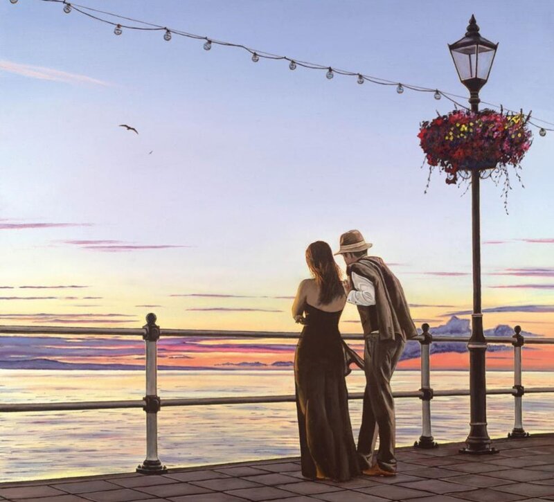 Couple on a Pier — Blue, Serene, Sunset, Painting
