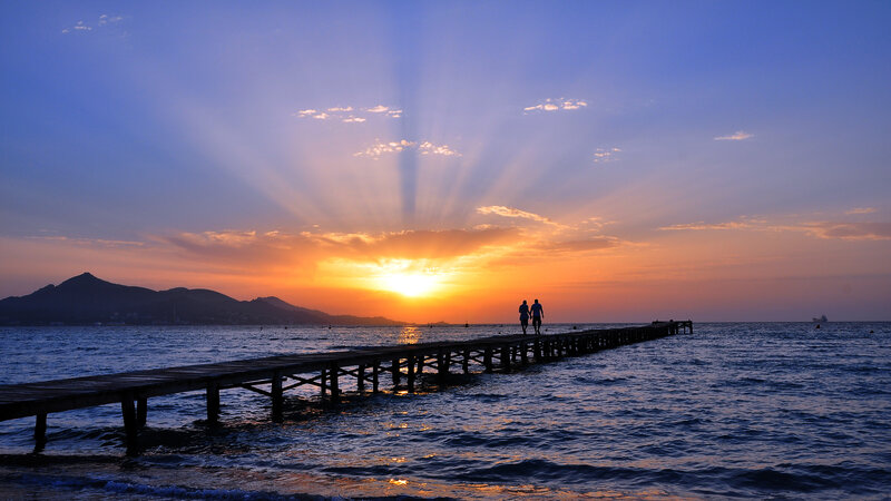 Couple on a Pier — Blue, Serene, Sunset