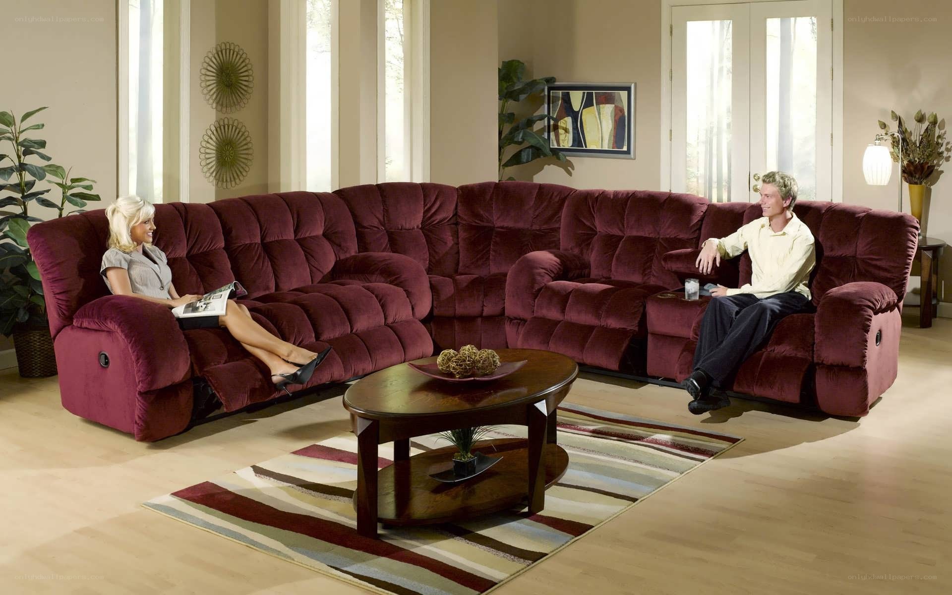 Couple on a red sectional sofa