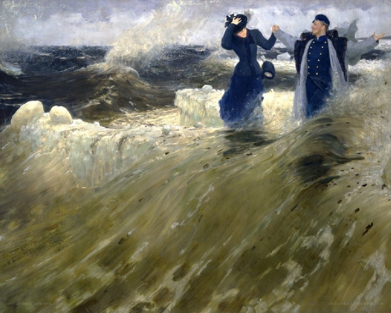 Couple on a stormy shore
