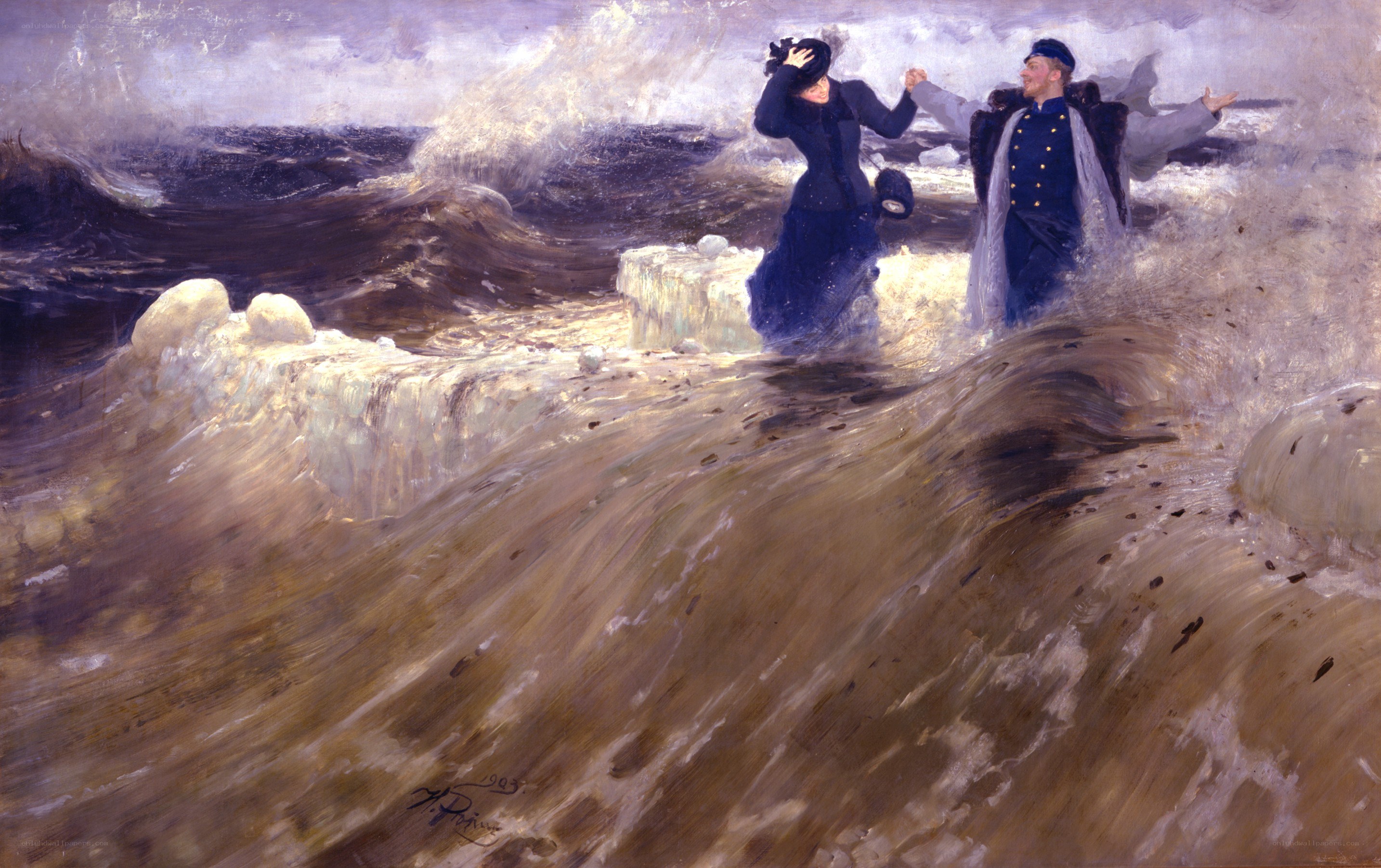 Couple on a stormy shore