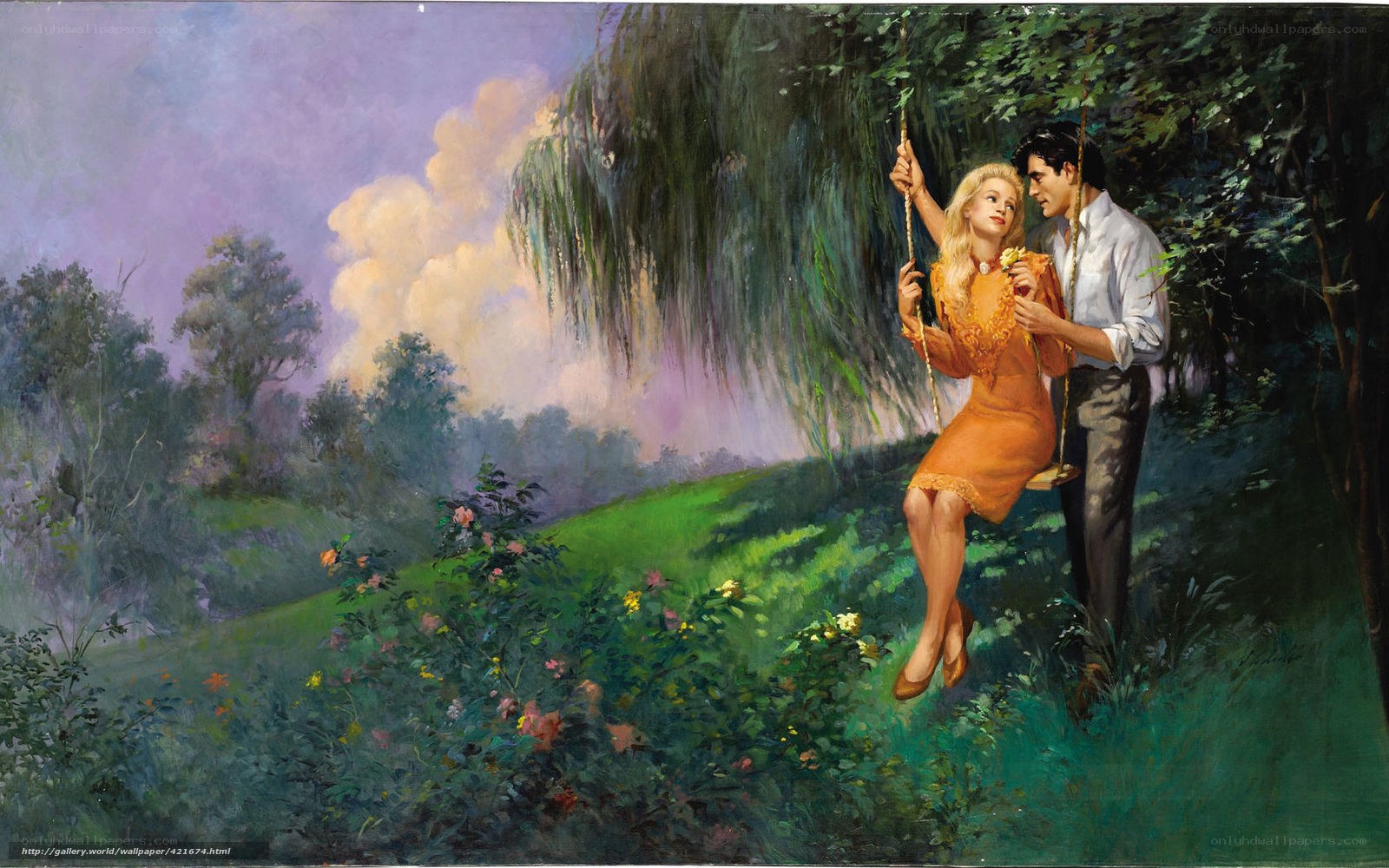 Couple on a swing in a garden