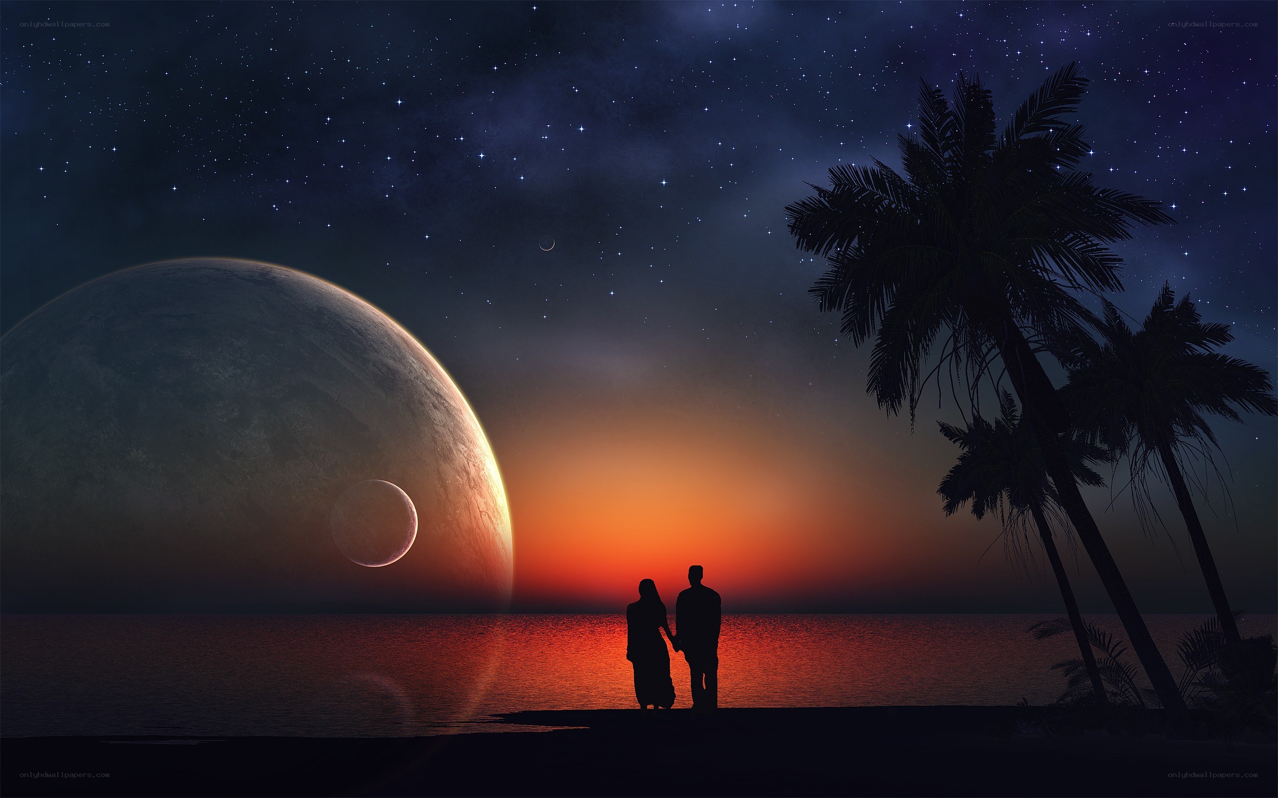 Couple on alien beach at sunset