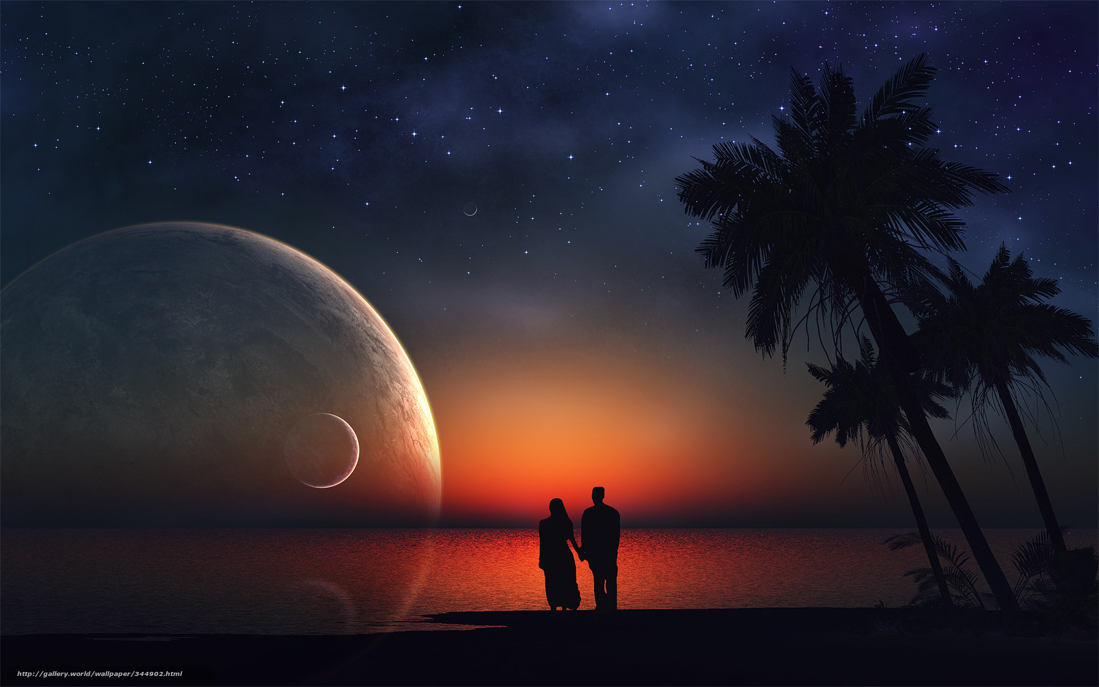 Couple on alien beach at sunset