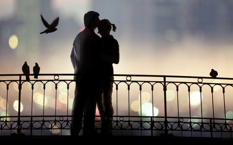 Couple on Balcony — Black, Romantic, Night, Photograph, Birds