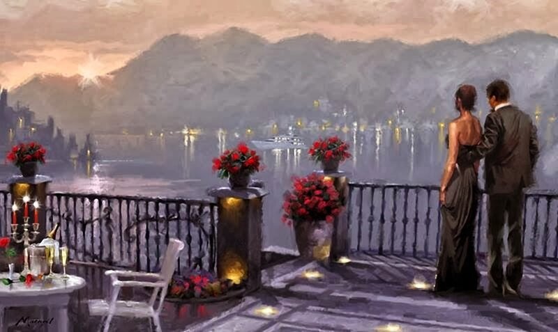 Couple on Balcony — Purple, Romantic
