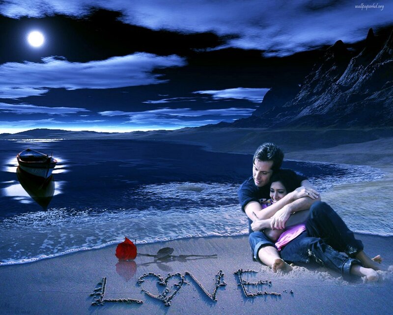 Couple on Beach at Night — Blue, Romantic, Digital Art, Rose