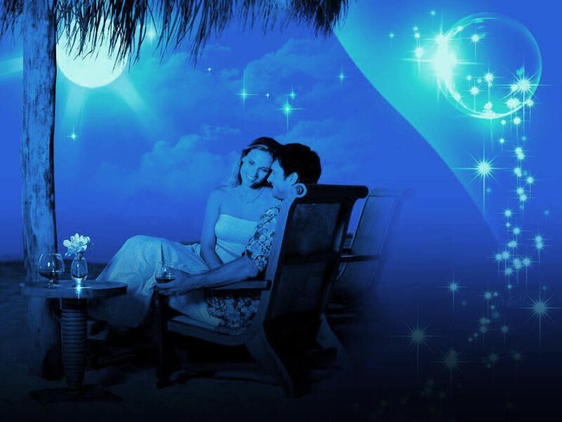 Couple on Beach at Night — Blue, Romantic, Digital Art