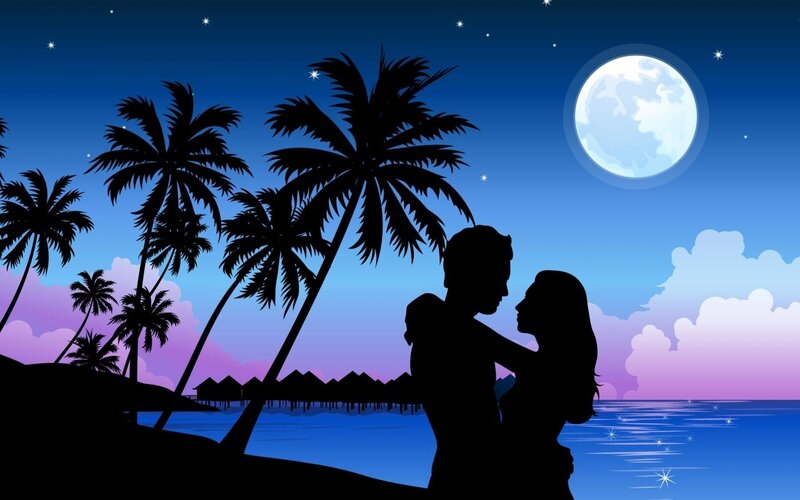 Couple on Beach at Night — Blue, Romantic, Vector Art