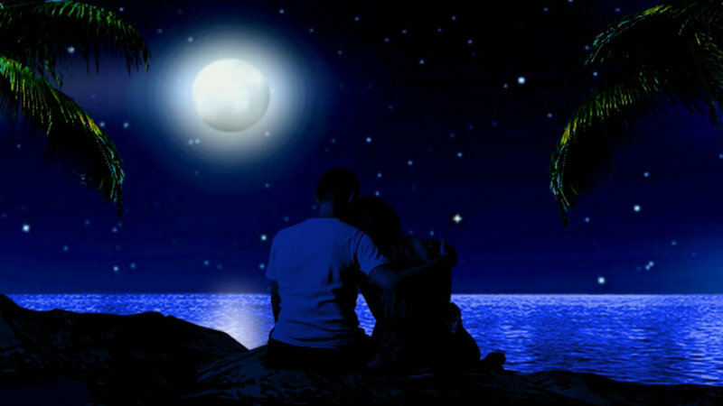 Couple on Beach at Night — Blue, Serene, Digital Art
