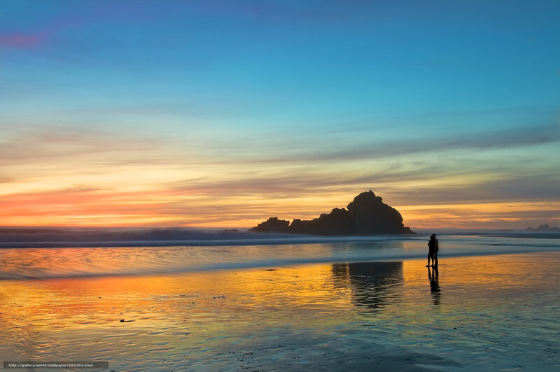Couple on Beach at Sunset — Blue, Serene, Photograph, Ocean, Rock