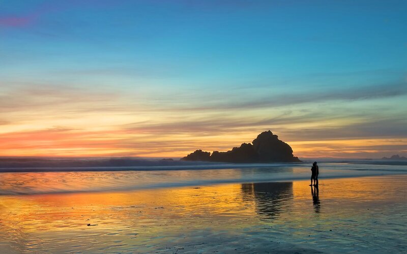 Couple on Beach at Sunset — Blue, Serene, Photograph