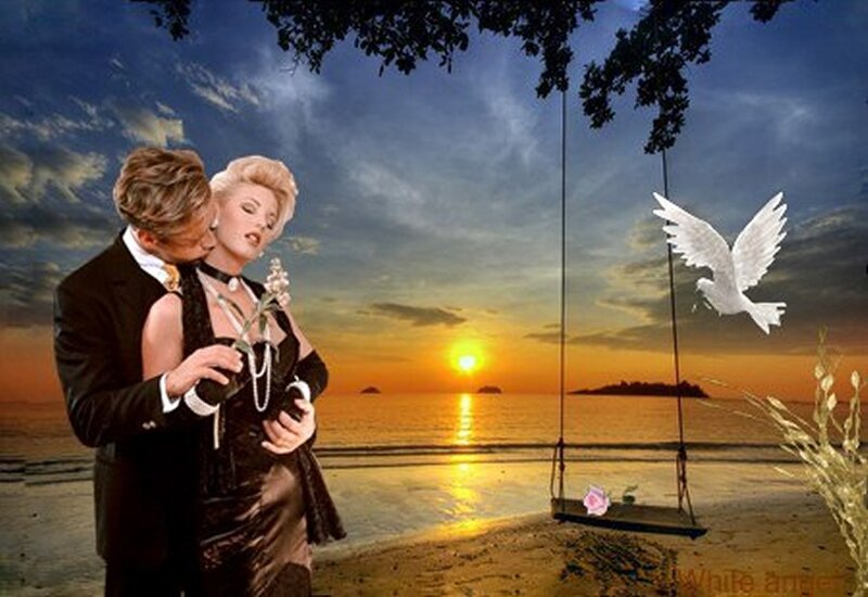 Couple on Beach at Sunset — Orange, Romantic, Digital Art